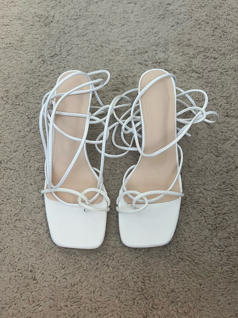 Women’s White Strappy Lace-Up Square-Toe Heels
